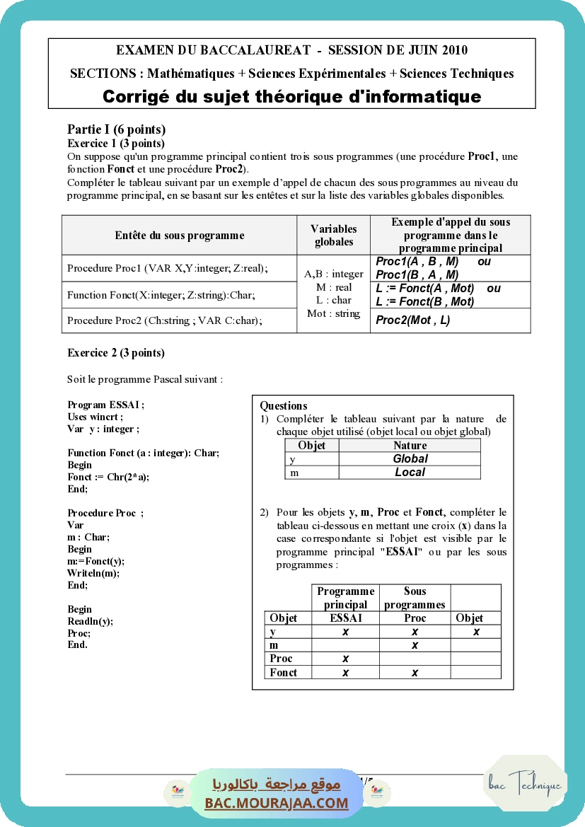 Corrigé principale info Bac 2010 – Section technique